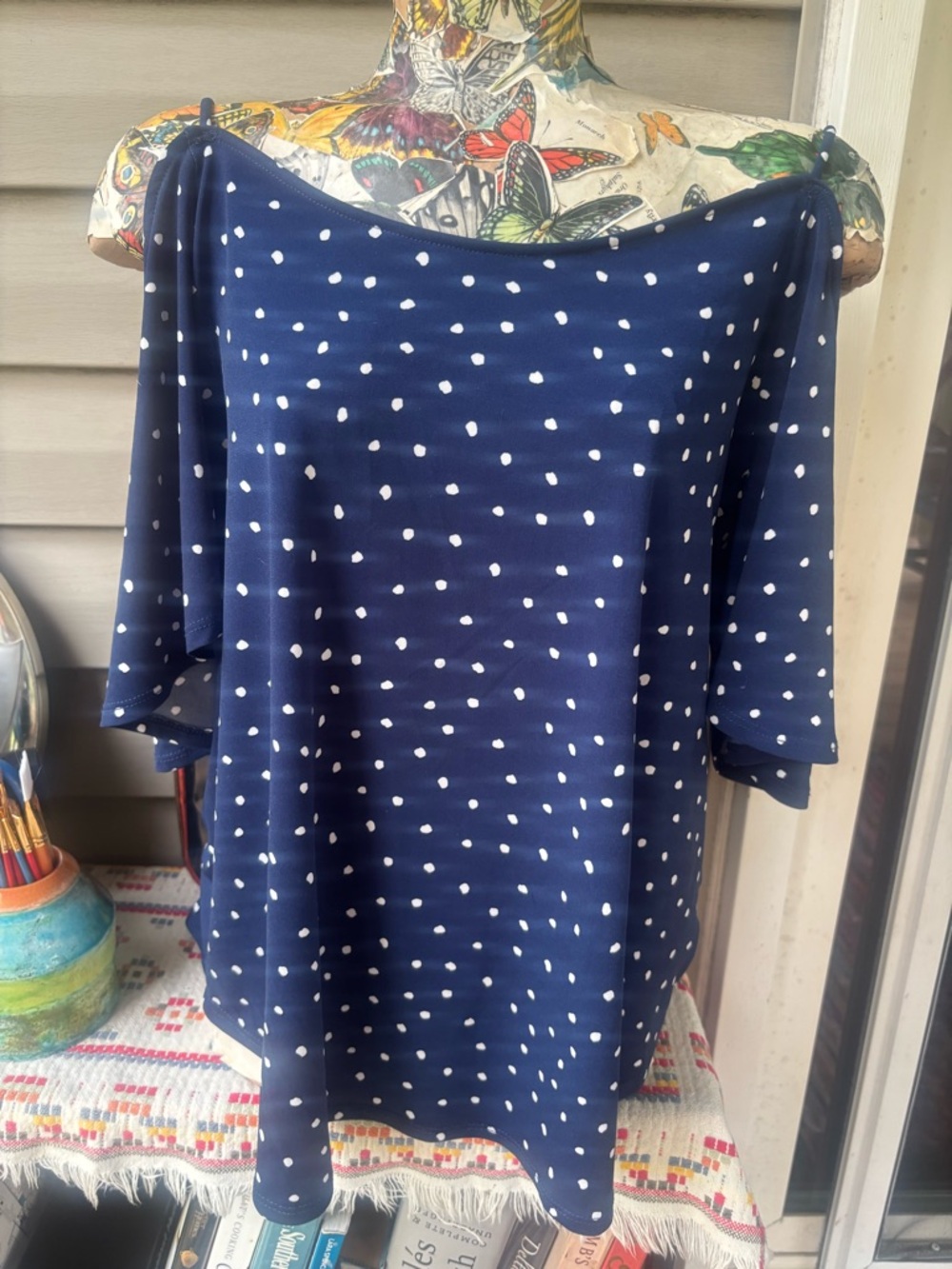 Kaileigh Navy Blue Polka Dot Off-Shoulder Tunic